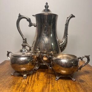 Vintage Silver Plated Coffee‎ Set Tea Pot Sugar Creamer Ornate Design